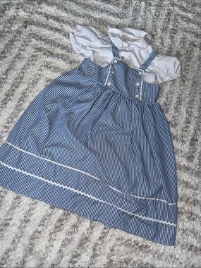 5T Elen Sanderson handmade Blue and White Striped Pinafore Dress White Blouse